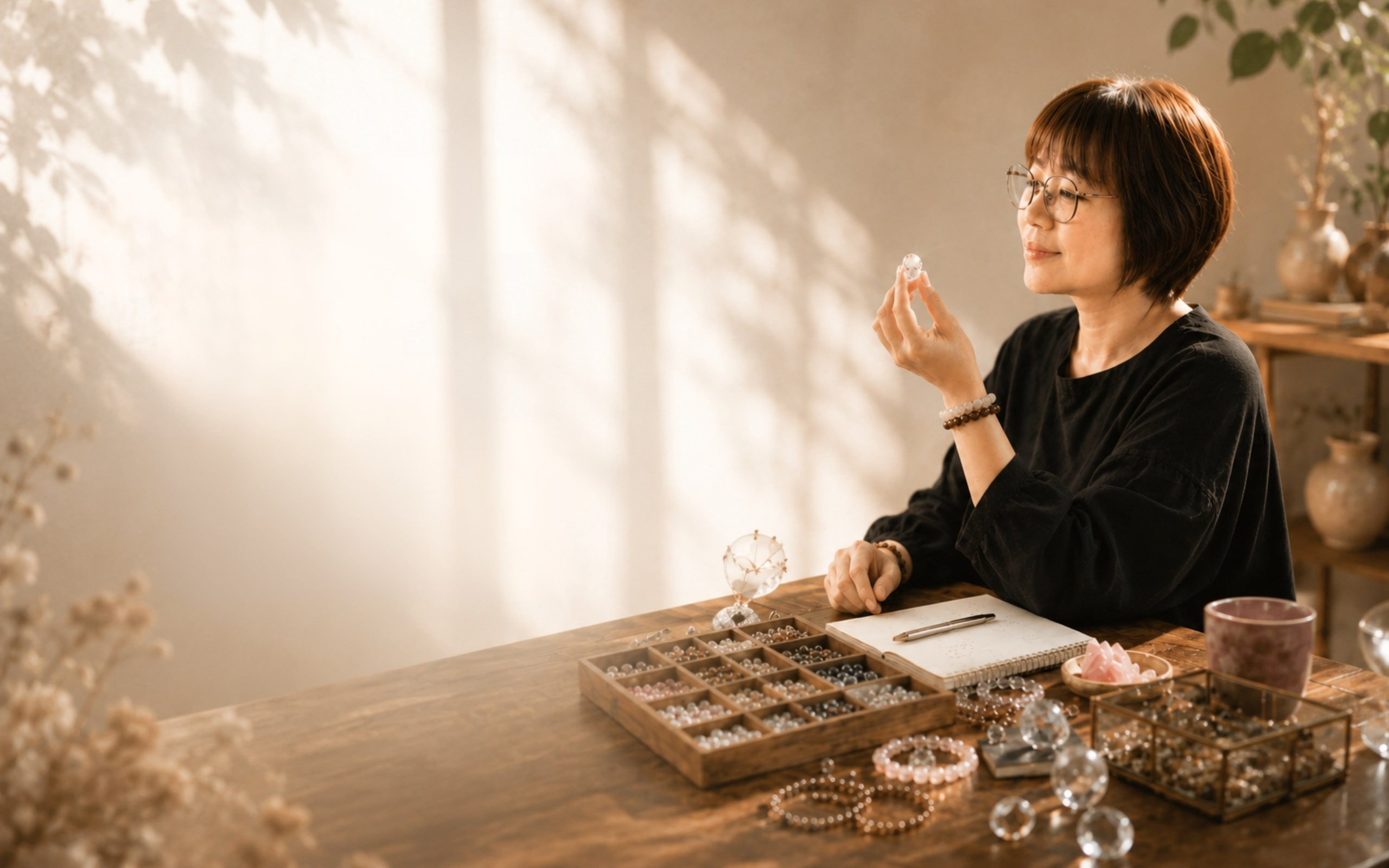 Anita 在午後自然光下，於木質工作桌前挑選水晶，整理手串配置