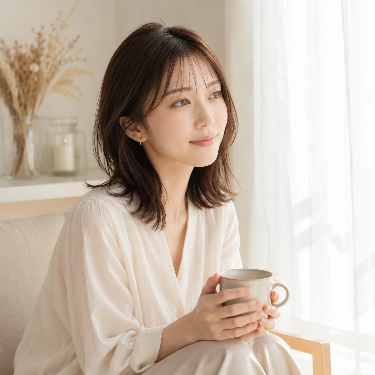 女生坐在窗邊，雙手捧著杯子，安靜地望向遠方