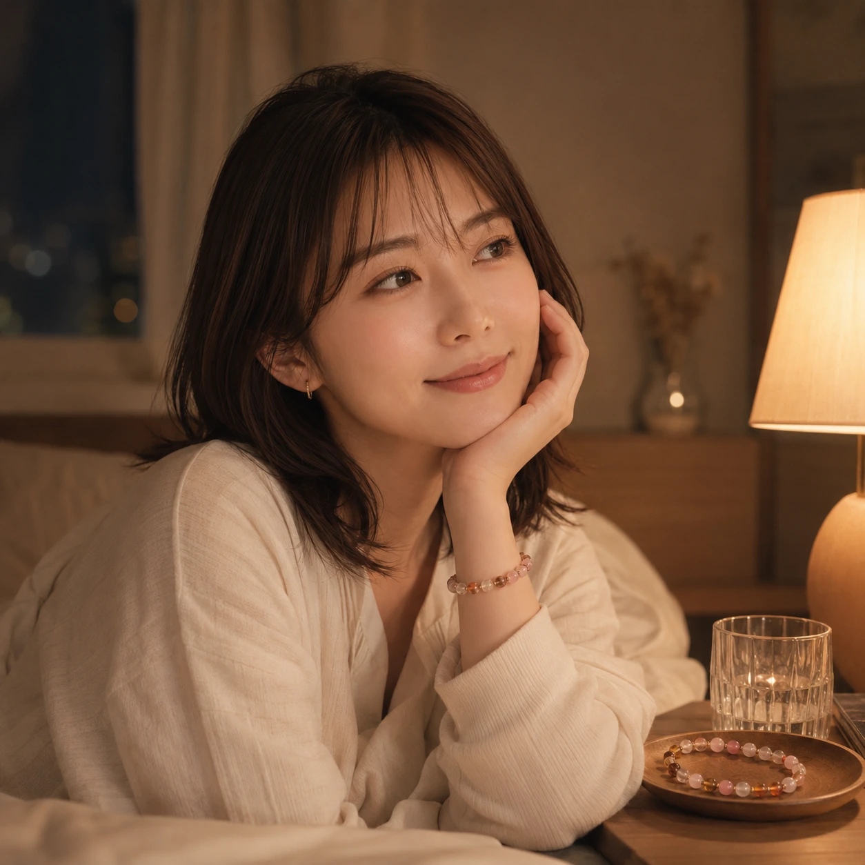 夜裡放鬆下來，手串在柔和燈光下溫柔守護